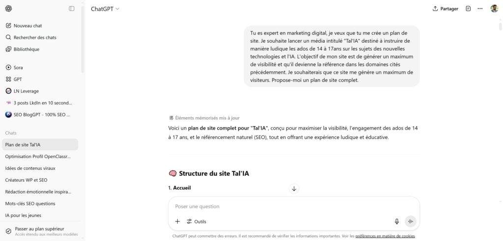Plan de site pour le blog Tal'IA, un blog sur l'IA et les nouvelles technologies à destination des 14,17 ans.